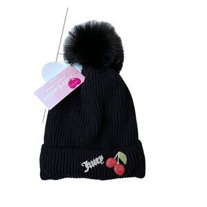 Juicy Couture Cherries Brooch Cuff Rib Pom Beanie Knit Hat Black